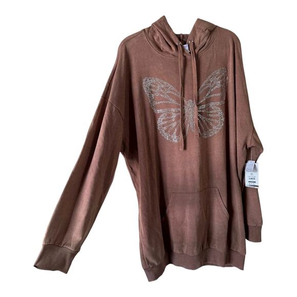 NOBO BUTTERFLY RHINESTONE HOODIE SWEATSHIRT BROWN NWT SIZE 3XL - Picture 2 of 7
